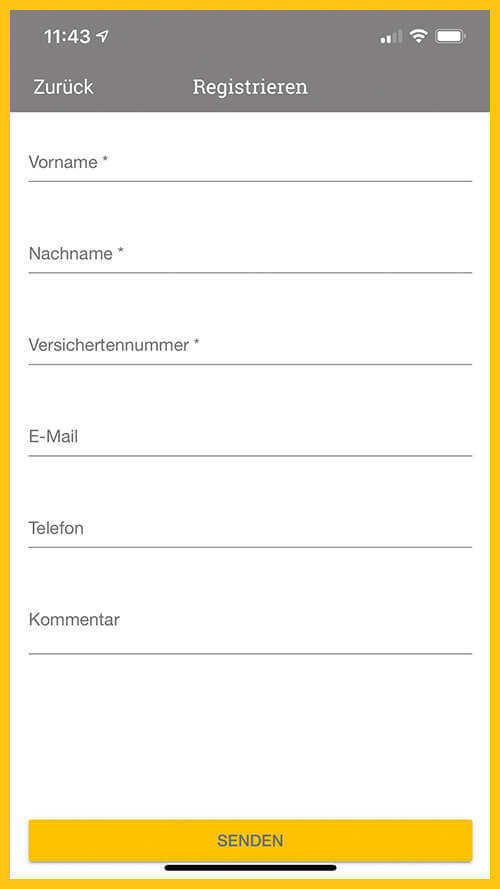 Screenshot vom Registrierungsvorgang